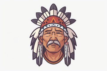 Detailed vector illustration of a stoic native american leader with a vibrant feathered headdress, showcasing cultural heritage and strength