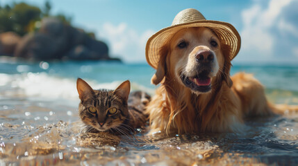 A dog wearing a hat and a cat in the sea enjoying the beach and summer pet vacation