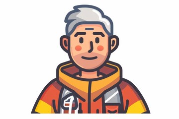 Digital portrait of a smiling elderly man with a modern hairstyle, dressed in a stylish, vibrant jacket