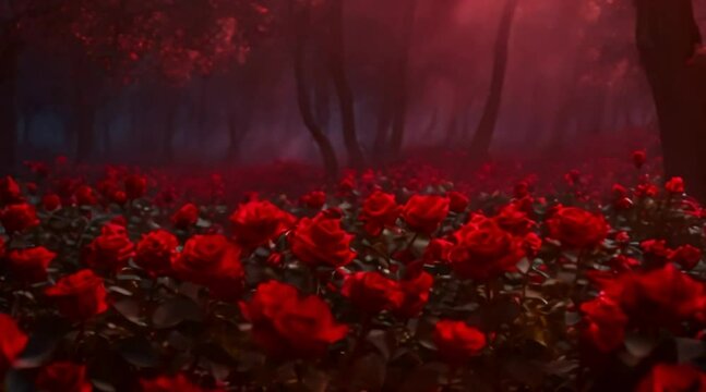Luminous red roses in a dark rose forest a rose path rose trees giant roses long floating blue roses on the ground fireflies luminous lava crystal light effects