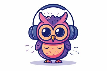 Cute colorful cartoon owl character wearing headphones, vibrantly illustrated for music, education, and children's themed designs and digital content