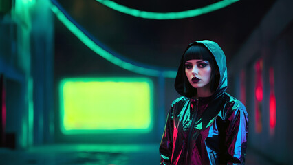 Hooded woman in a scifi indoors environment with neon lights and green empty screen