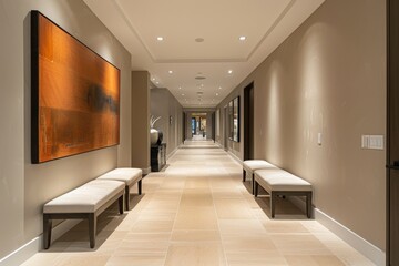 Elegant hotel corridor featuring modern benches, sophisticated lighting, a large abstract painting, and plush carpeting, embodying upscale interior design