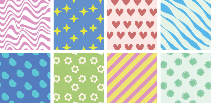 Great patterns with funny lucky daisy, wave, line. Set of vector backgrounds in trendy retro 2000 style. Hippie template for Instagram and social media stories, hippie template for posters.