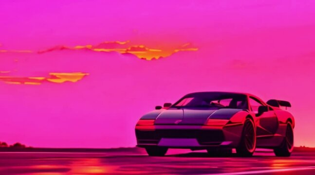 synthwave sunset scenery a supercar driving down the road on an orange sunset waves mountains palm trees miami 80s summer vibes
