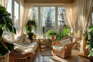 Soothing conservatory illuminated by sunlight, featuring cozy wicker furniture amid lush indoor greenery and a peaceful outdoor vista