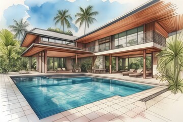 Fototapeta premium Modern Far North Queensland home, sleek design, large pool, lush garden. Open spaces, clean lines, natural light, sustainable.