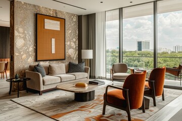 Contemporary and stylish interior design of a large living room with upscale furnishings and a breathtaking urban skyline view