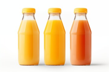 Three orange juice bottles with lids on a white background.