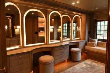 Elegant dressing room with chic cabinetry, illuminated mirrors, and a cozy seating area with soft lighting