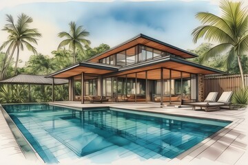 Fototapeta premium Modern Far North Queensland home, sleek design, large pool, lush garden. Open spaces, clean lines, natural light, sustainable.