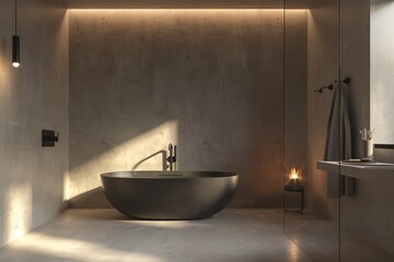 Minimalist bathroom design with a freestanding bathtub, natural light, and sleek concrete walls in a modern luxury home setting