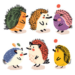 Colorful cartoon hedgehogs illustrated various poses expressions, playful handdrawn style. Hedgehog characters interacting, cheerful mood conveyed through vibrant hues patterns, cute wildlife