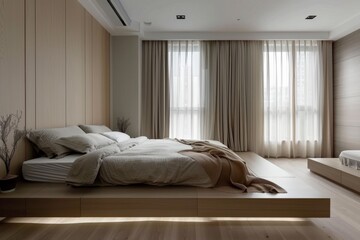 Contemporary bedroom with a low platform bed, wooden panels, and soft lighting for a serene and inviting ambiance