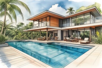 Fototapeta premium Modern Far North Queensland home, sleek design, large pool, lush garden. Open spaces, clean lines, natural light, sustainable.