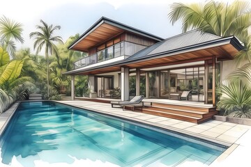 Fototapeta premium Modern Far North Queensland home, sleek design, large pool, lush garden. Open spaces, clean lines, natural light, sustainable.