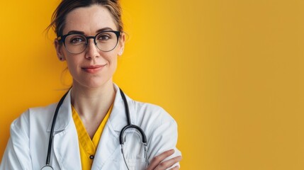Illustration beautiful female doctor with gown on bright yellow background in high resolution and high quality. medicine concept, boss, woman, doctor, background, suit, gown