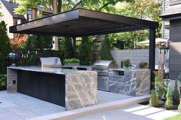 Elegant outdoor kitchen with stainless steel appliances and granite countertops set in a lush backyard with stylish pergola overhead