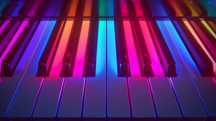 Piano keyboard with colorful neon lighting, world music day concept. seamless looping 4k time-lapse...