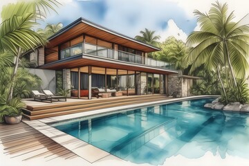 Modern Far North Queensland home, sleek design, large pool, lush garden. Open spaces, clean lines, natural light, sustainable.