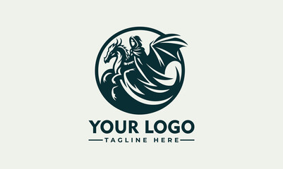 woman cloak riding dragon vector logo depicts a brave woman in a cloak riding a graceful dragon wing