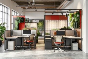 Contemporary office space featuring ergonomic furniture, biophilic design with plants, bright natural light, and vibrant privacy dividers