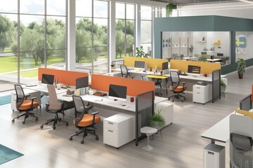 Contemporary office space featuring bright colors, ergonomic furniture, and a collaborative open floor plan with natural light and greenery