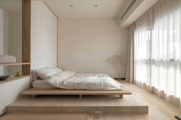 Minimalist bedroom with a low platform bed, soft linens, large windows, and warm wood accents for a serene atmosphere