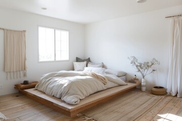 Minimalist bedroom with wooden bed frame, white bedding, and natural decor bathed in sunlight from a large window