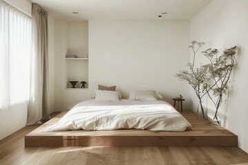 Serene, minimalist bedroom with wooden bed, white linens, and soft natural lighting, creating a warm and inviting atmosphere