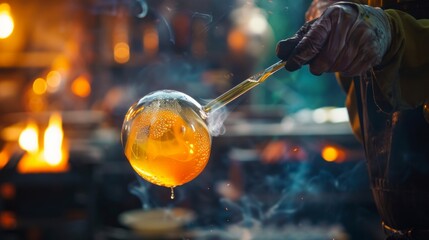 Glassblower makes vase of glass in a manufactory. Crucible furnace.
