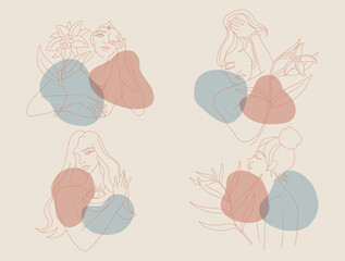 Collection of line art woman portrait in boho style, Simple lines of abstract female faces and tropical leaf nature, Magic symbols and spiritual mysteries, Vector design illustration.