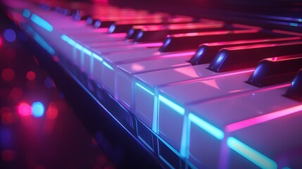 Piano keyboard with colorful neon lighting, world music day concept. seamless looping 4k time-lapse...