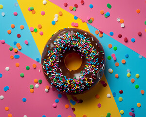 Chocolate frosted donut with rainbow sprinkles placed on a colorful pop art backdrop. Overhead...