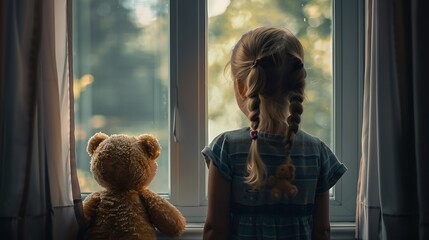A little girl standing beside teddy bear and looks out a window