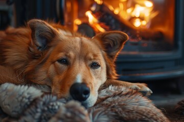 Dog Resting on Blanket by Fireplace