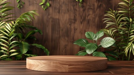 Wooden product display podium with blurred nature leaves on brown background.