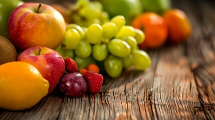 Naklejka na ściany i meble close up of fresh fruits on wooden table