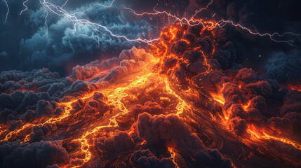 A dramatic digital artwork depicting an intense volcanic eruption with flowing lava and electric lightning streaking across a tumultuous ash cloud-filled sky.