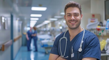Fototapeta premium Portrait of smiling nurse man wearing uniform standing at hospital ward