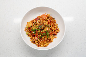 Sunrise Splendor: Bacon Beef Egg and Rice Veggie Breakfast Plate with Mushrooms and Dill Garnish - Top View