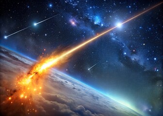 Spectacular space artwork with shooting stars, a blazing comet, and a distant galaxy, evoking awe and the wonder of the cosmos