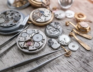 Close-up of vintage watch mechanical parts in the process of watchmaking or repair