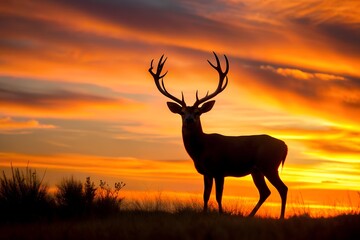 An imposing stag stands in bold silhouette against a striking sunset, evoking a sense of wilderness and freedom