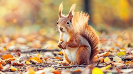 cute red squirrel sitting on the ground. Autumn scene with a squirrel. Sciurus vulgaris