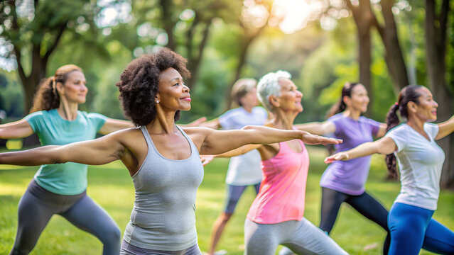 Smiling diverse group of people participating in an outdoor yoga class in a lush green park