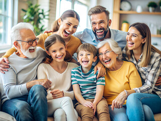 Three generations of a happy family are sitting together on a couch, smiling and bonding