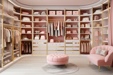 Pink and golden luxurious custom walk in closet with organized storage and a stylish pink ottoman