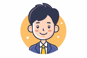 Smiling young cartoon businessman in a blue suit against a warm circular background with decorative stars: an illustration