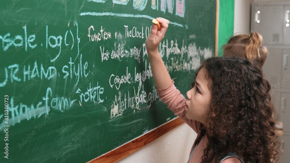 Poster american student studying coding engineering prompt while writing answer on blackboard. intelligence